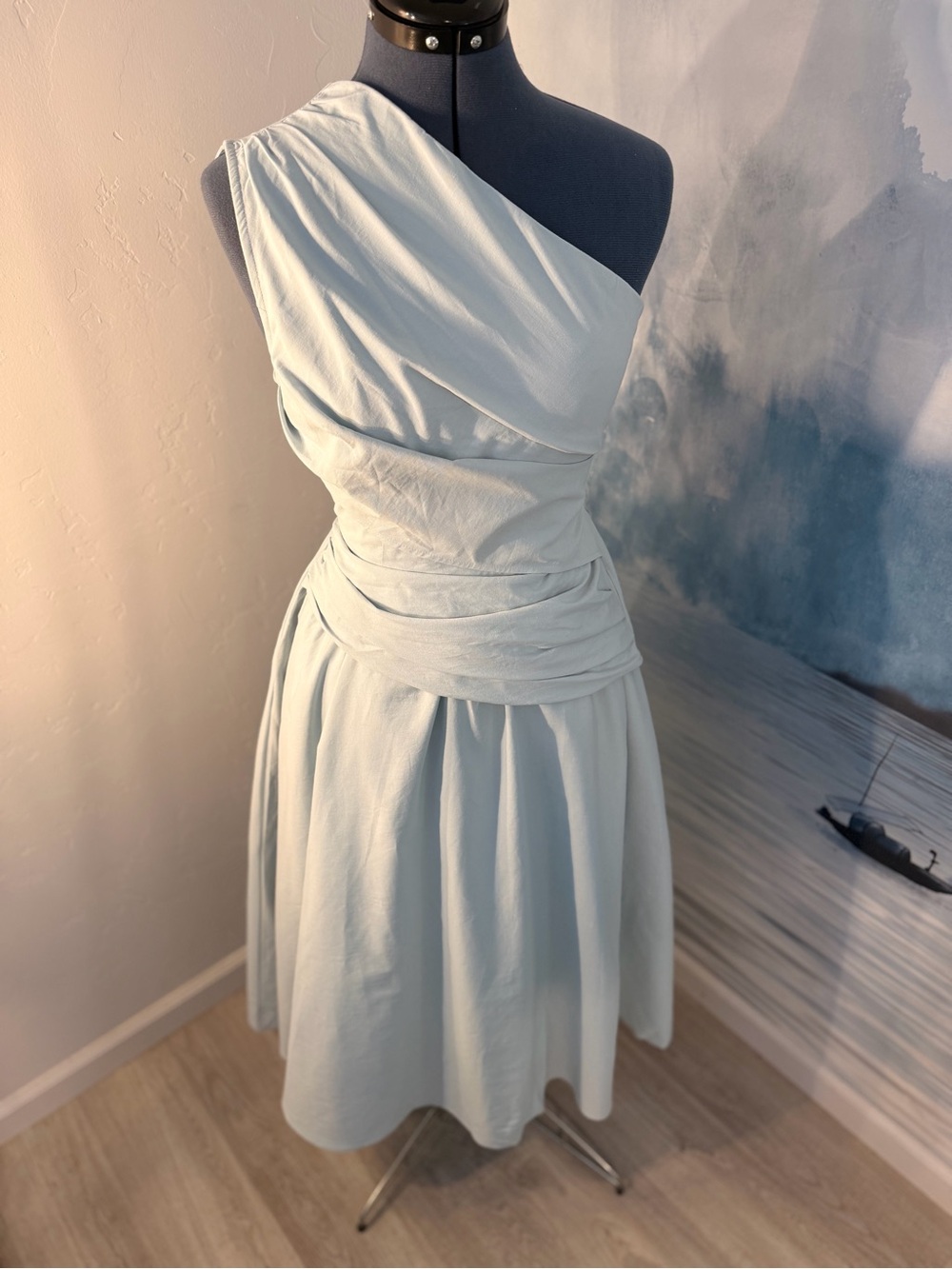 One-Shoulder Pale Blue Wrap-Detail Women’s Dress 229 - Picture 4 of 12